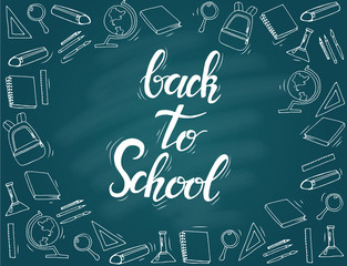 School banner with hand drawn school icons and hand made lettering. Hand written trendy quote 'Back to school