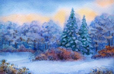 Watercolor background with quiet sunset over winter forest