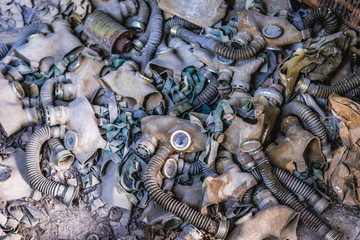 Old gas masks in abandoned school in Pripyat city in Chernobyl Exclusion Zone, Ukraine