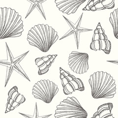 Vector vintage seamless background with hand drawn shells. Sketch. Pattern can be used for wallpaper, web page background, surface textures.