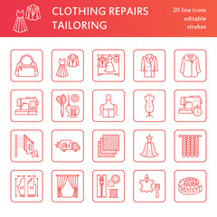 Clothing repair, alterations flat line icons set. Tailor store services - dressmaking, clothes steaming, curtains sewing. Linear signs set, logos for atelier.