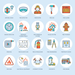 Firefighting, fire safety equipment flat line icons. Firefighter, fire engine extinguisher, smoke detector, house, danger signs, firehose. Flame protection thin linear colored pictogram.