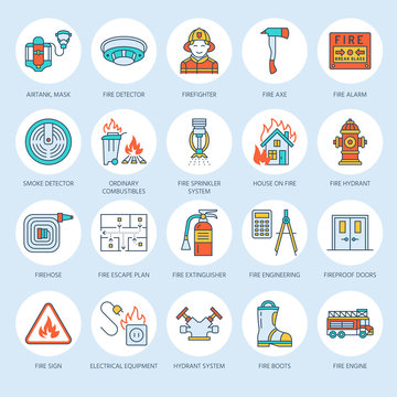 Firefighting, fire safety equipment flat line icons. Firefighter, fire engine extinguisher, smoke detector, house, danger signs, firehose. Flame protection thin linear colored pictogram.