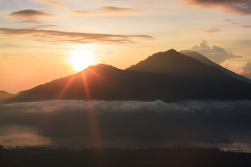 Active volcano. Sunrise from the top of Mount Batur - Bali, Indonesia