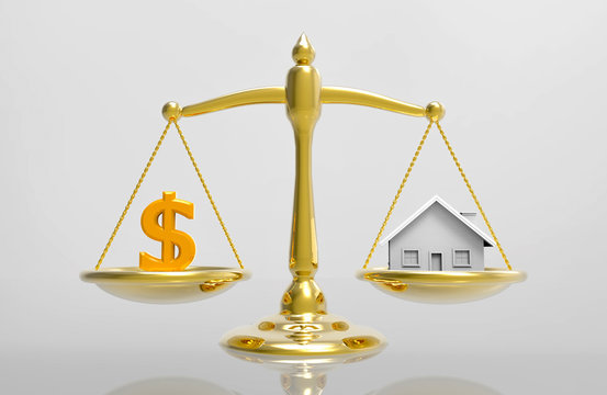 3d illustration. a balance scale between of Money and House