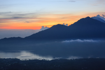Fototapeta na wymiar Active volcano. Sunrise from the top of Mount Batur - Bali, Indonesia