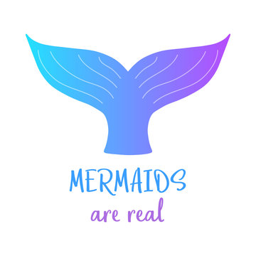 Mermaids are real. Colorful mermaid tail and writing, vector illustration drawing of mermaid tail in blue and violet colors. Isolated on white background.