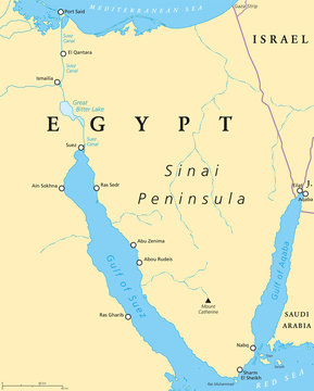 Egypt, Sinai Peninsula political map. Situated between Mediterranean Sea and Red Sea. Land bridge between Asia and Africa. Suez Canal, Gulf of Suez and Aqaba. Illustration. English labeling. Vector.