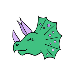 Triceratops dinosaur head, vector illustration doodle drawing. Isolated on white background.