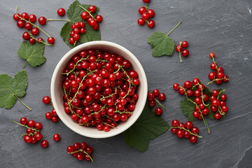 Fresh ripe red currant in a bowl on dark stone background