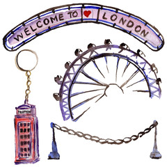 Watercolor London illustration. Great Britain hand drawn symbols.