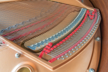 Piano strings, inside a grand piano.