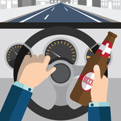 Do not drink and drive - man drinking beer and driving his car, vector illustration