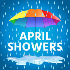 Colored realistic umbrella. Open umbrella in rainbow colors and text april showers with rain drops. Vector illustration. - 161487775