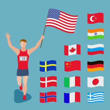 The athlete runs with the national flag