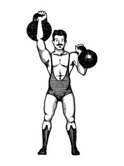 Obraz premium Circus strongman with dumbbell engraving vector