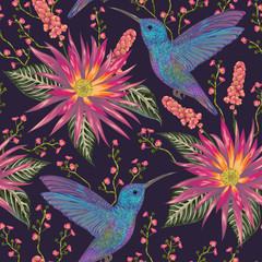 Naklejka premium Seamless pattern with hummingbird, tropical flowers,berries and leaves. Exotic flora and fauna. Vintage hand drawn vector illustration in watercolor style