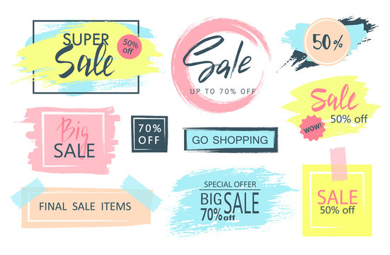 Set of sale, discount stickers and banners. Hand drawn grunge brush strokes and splatters. Backgrounds for text.