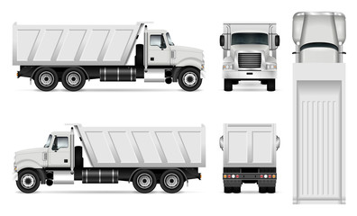 Vector dump truck template for car branding and advertising. Tipper truck set on white background. All layers and groups well organized for easy editing and recolor. View from side, front, back, top. © Yuri Schmidt