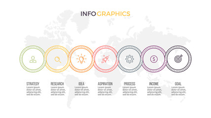 Business infographics. Presentation with 7 options, circles. Thin line vector template.