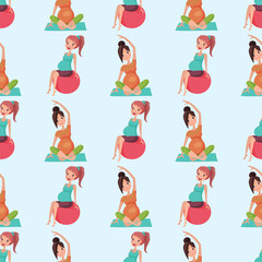 Fototapeta premium Pregnancy motherhood yoga pregnant woman seamless pattern character life with big belly vector illustration