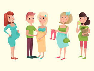 Pregnancy motherhood people expectation concept happy pregnant woman character life with big belly vector illustration