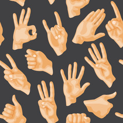 Fototapeta premium Seamless pattern with various hands gestures dumb seamless pattern background people communication sign symbols vector illustration.