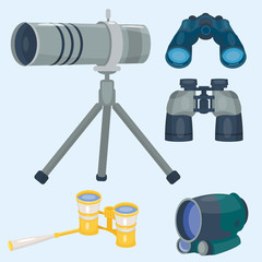 Professional camera lens binoculars glass look-see spyglass optics device camera digital focus optical equipment vector illustration