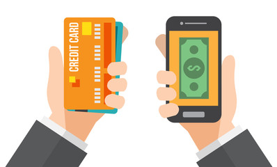 hand holds credit card and hand holds smartphone. online banking. vector illustration.