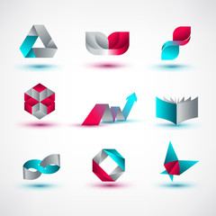 Set of minimal geometric multicolor symbols and shapes. Trendy icons and logotypes. Business signs symbols, labels, badges, frames and borders