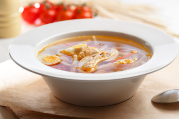 Close up of classic chicken noodle soup.