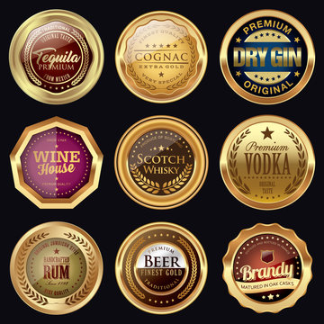 Set of drink badges. Golden luxury alcoholic drink icons.