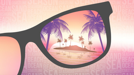 Summer Beach Tropical Island with Sunglasses on Blurred Background - Vector Illustration.