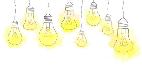 Linear illustration of hanging light bulbs with watercolor splashes. Border. Vector element for your creativity