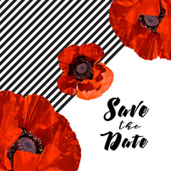 save the date card design with red poppies