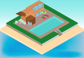 Isometric cottage with pool, armchairs, umbrella on the tropical beach