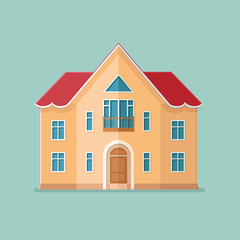 Graphic Decorative house. Landscape in a minimalist style against. Buying, selling a hut. Flat Vector illustration.