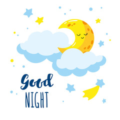 Cute cartoon crescent and clouds in the sky. Handwriting inscription Good night. Vector illustration is suitable for greeting cards and prints on t-shirts.