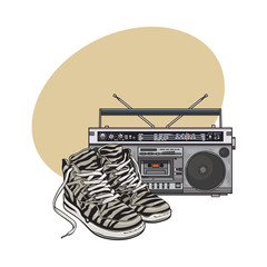 Pair of zebra sneakers and audio tape recorder, boom box from 90s, retro icons, sketch vector illustration with space for text. Retro style sneakers and tape recorder from nineties