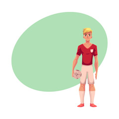 Handsome blond football, soccer player in uniform standing and holding ball, cartoon vector illustration with space for text. Professional soccer player holding football ball, front view