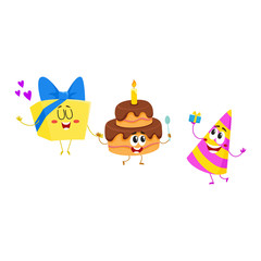 Funny birthday characters - hat, cake, gift box - with smiling human faces, cartoon vector illustration isolated on white background. Birthday party hat, present, gift and cake characters, mascots
