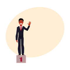 Black, African American businessman standing on pedestal, number one, business success concept, cartoon vector illustration with space for text. Black businessman on pedestal, top position
