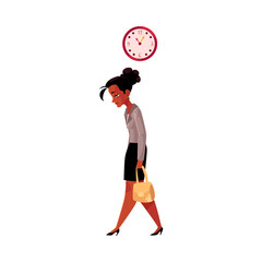 Tired black, African American businesswoman, going home after work, clock showing time, cartoon vector illustration isolated on white background. Black businesswoman sad, tired, going home from work
