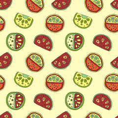 Seamless vector hand drawn childish pattern with fruits. Cute childlike watermelon with leaves, seeds, drops. Doodle, sketch, cartoon style background. Line drawing Endless repeat swatch