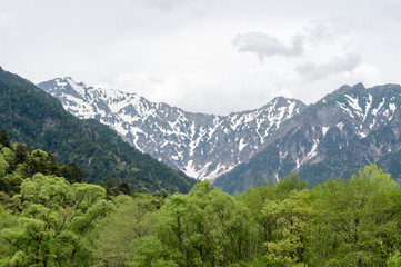 Fototapeta na wymiar The spring season of kamikochi, in Hotaka Ranges, Kamikochi, Japan.