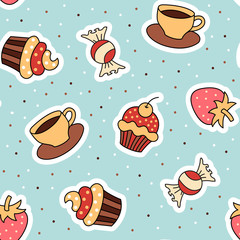 Seamless pattern cupcake, coffee, strawberry.