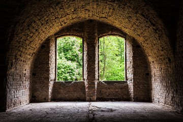 brick vault, old ancient castle room with windows, grunge