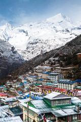 Namche Bazaar with a lot of lodges after snow in April. Everest Base Camp Trek. Sagarmatha National...