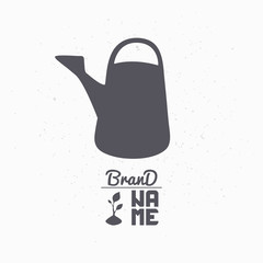 Hand drawn silhouette of watering can. Eco food logo template for craft packaging or brand identity