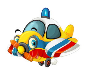 cartoon happy traditional ambulance or rescue plane with propeller - smiling and flying